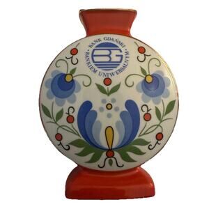 Poland Lubina Pillow Vase-Porcelain Pottery Folk Art Bank Of Gdansk Red Gold 6”